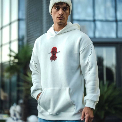 Üç İplik Kapüşonlu Baskılı Oversize SweatShirt- Beyaz