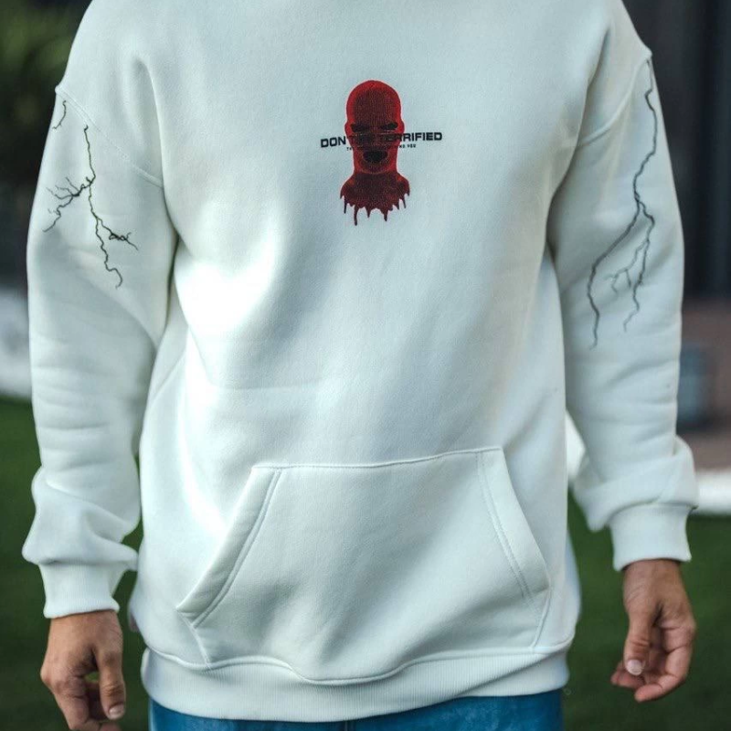 Üç İplik Kapüşonlu Baskılı Oversize SweatShirt- Beyaz
