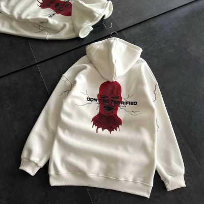 Üç İplik Kapüşonlu Baskılı Oversize SweatShirt- Beyaz