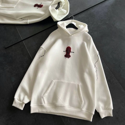 Üç İplik Kapüşonlu Baskılı Oversize SweatShirt- Beyaz