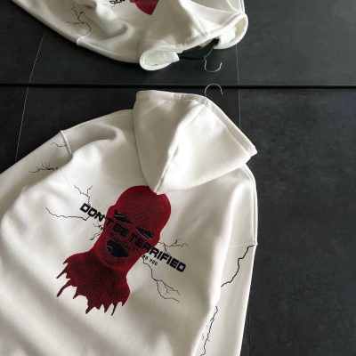 Üç İplik Kapüşonlu Baskılı Oversize SweatShirt- Beyaz