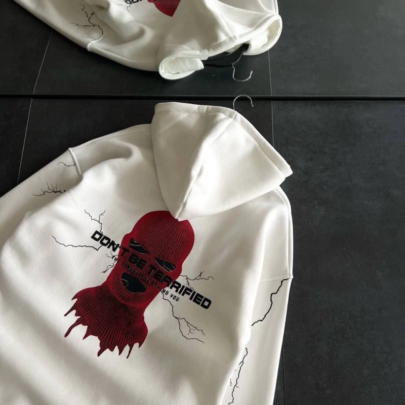 Üç İplik Kapüşonlu Baskılı Oversize SweatShirt- Beyaz