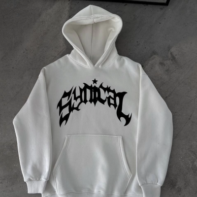 Üç İplik Kapüşonlu Baskılı Oversize SweatShirt- Beyaz -