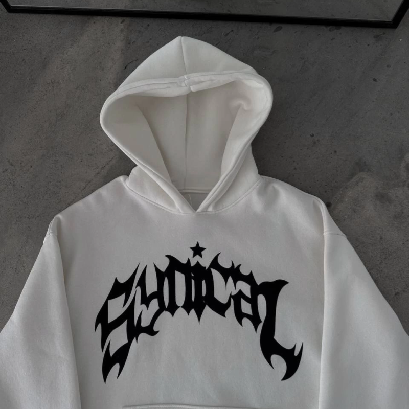 Üç İplik Kapüşonlu Baskılı Oversize SweatShirt- Beyaz -