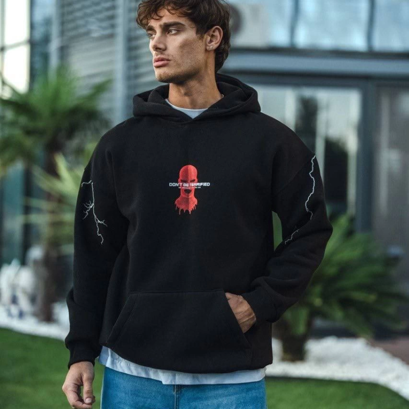 Üç İplik Kapüşonlu Baskılı Oversize SweatShirt- Siyah