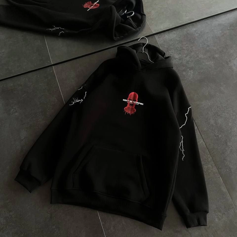 Üç İplik Kapüşonlu Baskılı Oversize SweatShirt- Siyah