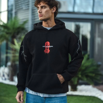 Üç İplik Kapüşonlu Baskılı Oversize SweatShirt- Siyah