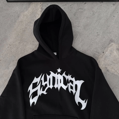 Üç İplik Kapüşonlu Baskılı Oversize SweatShirt- Siyah -