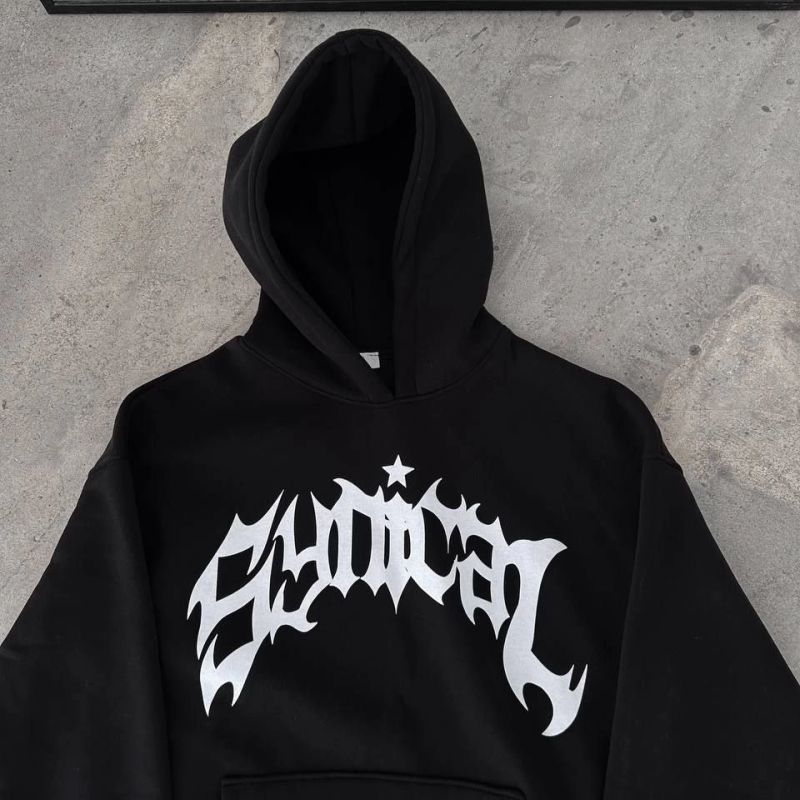 Üç İplik Kapüşonlu Baskılı Oversize SweatShirt- Siyah -