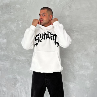 Üç İplik Kapüşonlu Baskılı SweatShirt - Beyaz -