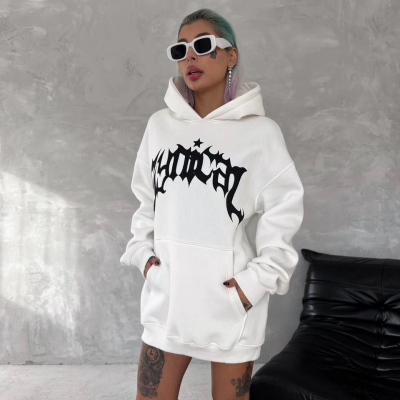 Üç İplik Kapüşonlu Baskılı SweatShirt - Beyaz -