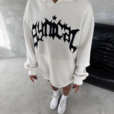 Üç İplik Kapüşonlu Baskılı SweatShirt - Beyaz -