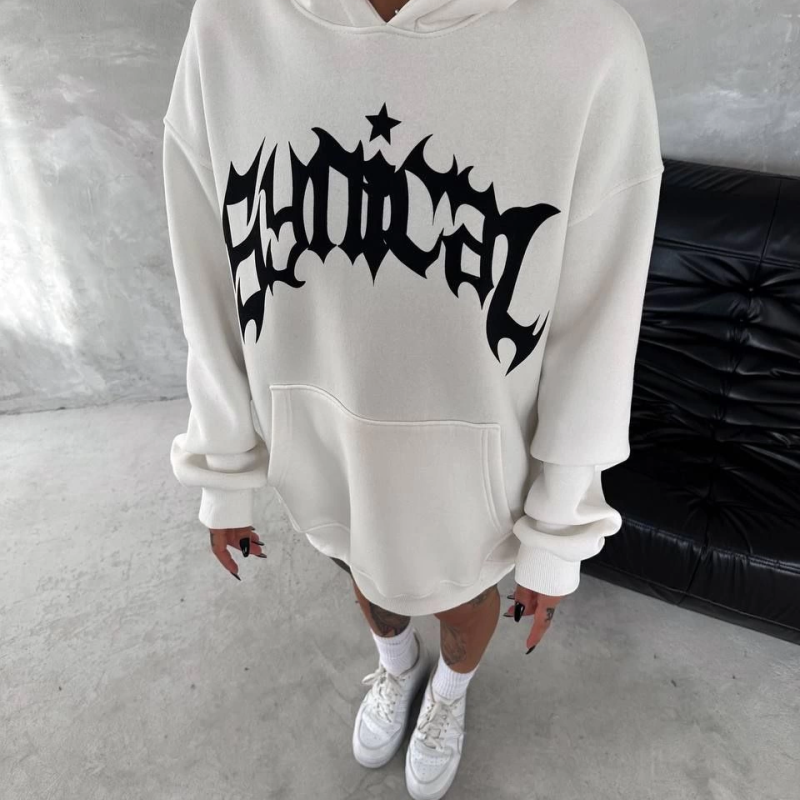 Üç İplik Kapüşonlu Baskılı SweatShirt - Beyaz -