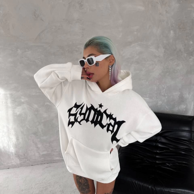 Üç İplik Kapüşonlu Baskılı SweatShirt - Beyaz -