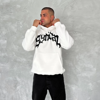 Üç İplik Kapüşonlu Baskılı SweatShirt - Beyaz -