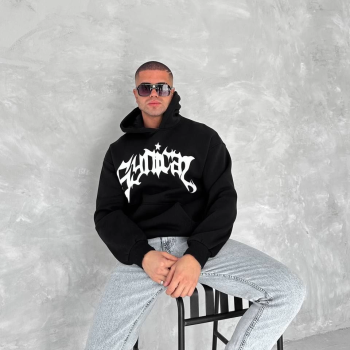 Üç İplik Kapüşonlu Baskılı SweatShirt - Siyah -