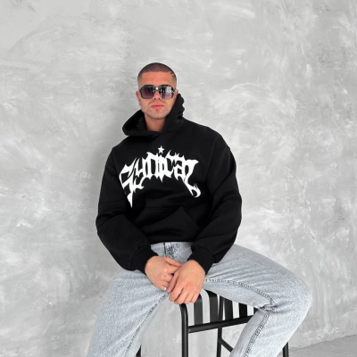 Üç İplik Kapüşonlu Baskılı SweatShirt - Siyah -