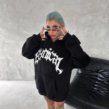 Üç İplik Kapüşonlu Baskılı SweatShirt - Siyah -