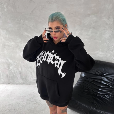 Üç İplik Kapüşonlu Baskılı SweatShirt - Siyah -