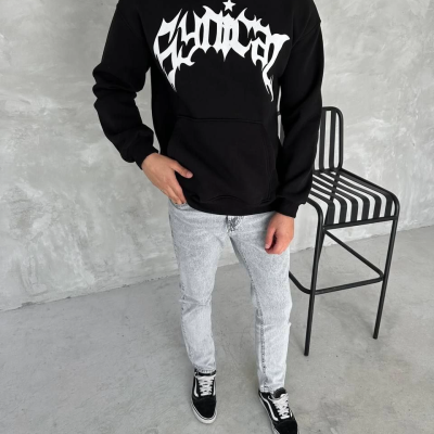 Üç İplik Kapüşonlu Baskılı SweatShirt - Siyah -