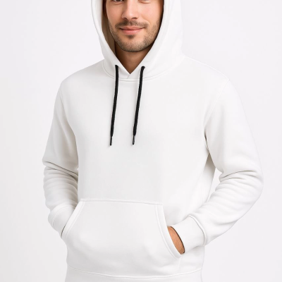 Üç İplik Kapüşonlu Kanguru Cepli SweatShirt hoodie - Beyaz -