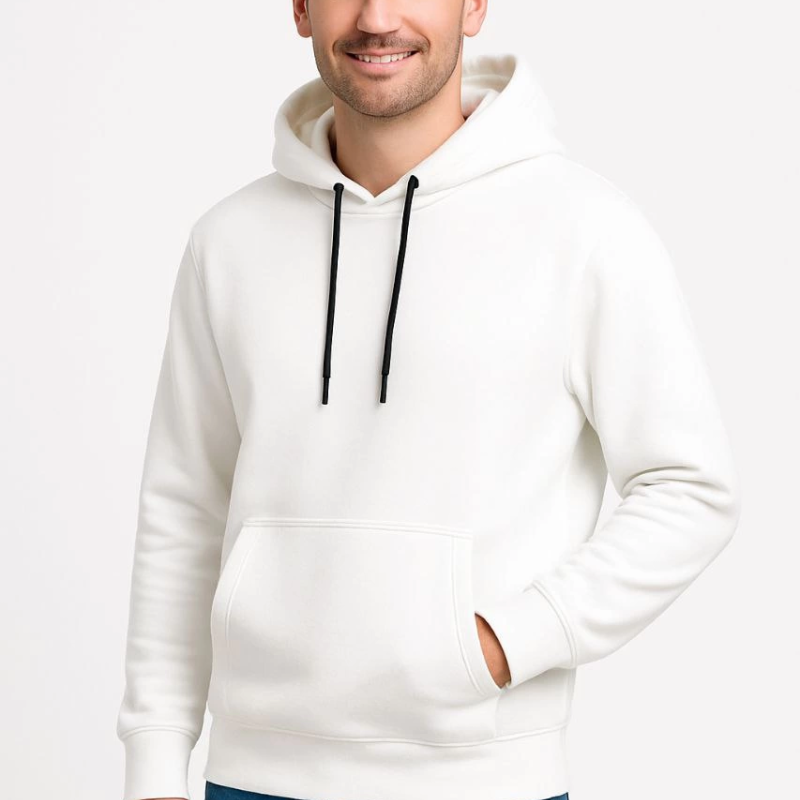 Üç İplik Kapüşonlu Kanguru Cepli SweatShirt hoodie - Beyaz -