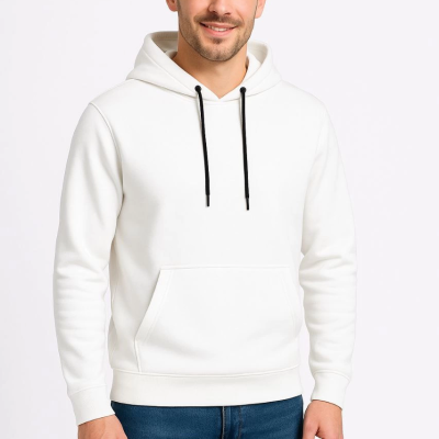 Üç İplik Kapüşonlu Kanguru Cepli SweatShirt hoodie - Beyaz -