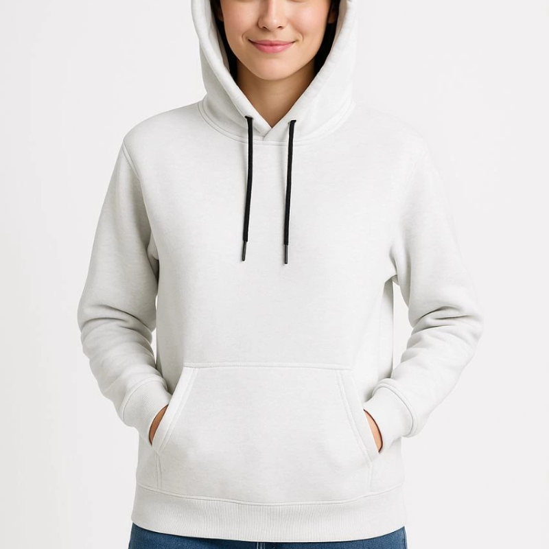 Üç İplik Kapüşonlu Kanguru Çepli SweatShirt hoodie - Beyaz -