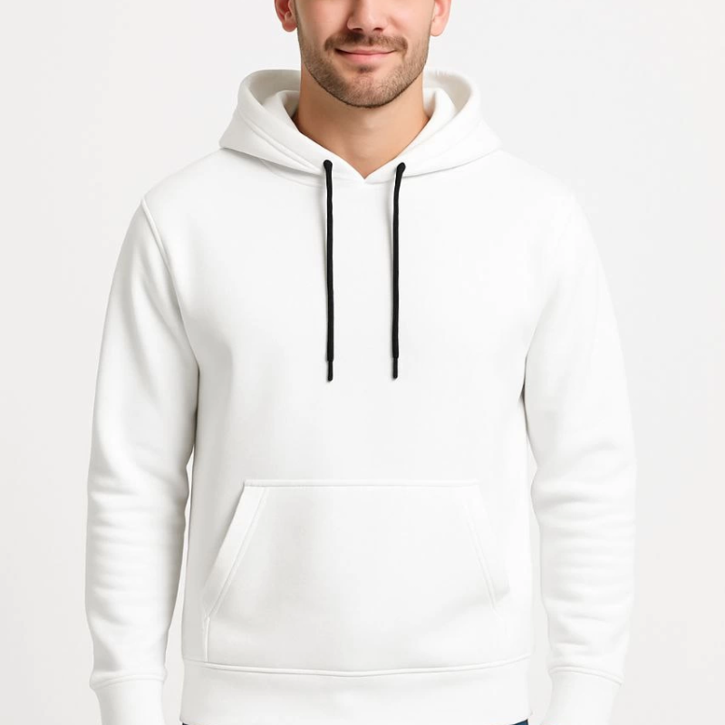 Üç İplik Kapüşonlu Kanguru Cepli SweatShirt hoodie - Beyaz -