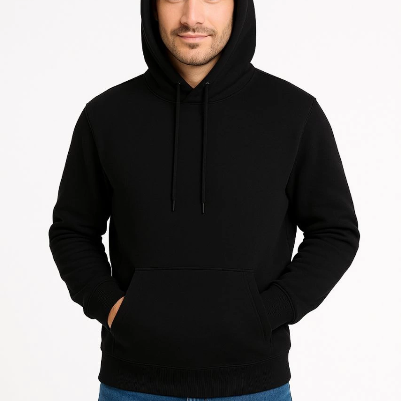 Üç İplik Kapüşonlu Kanguru Cepli SweatShirt hoodie - Siyah -
