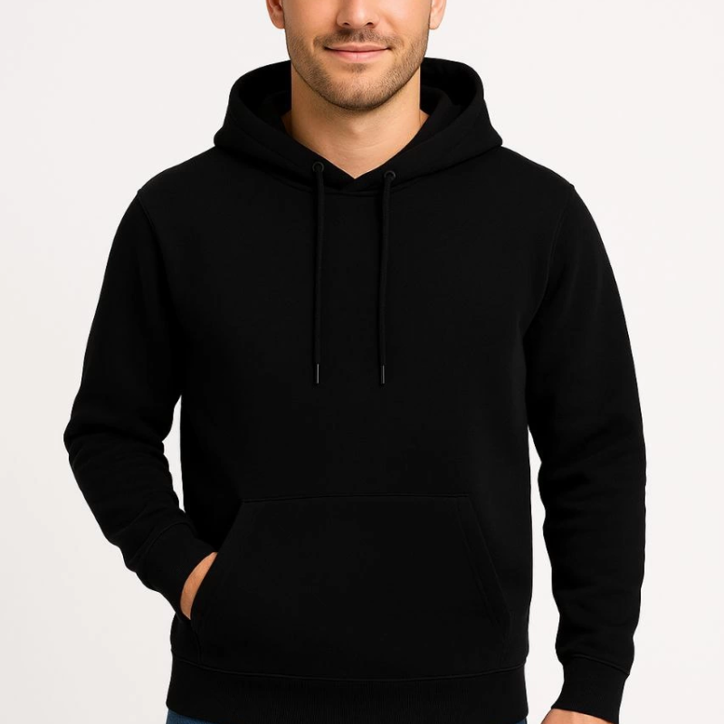 Üç İplik Kapüşonlu Kanguru Cepli SweatShirt hoodie - Siyah -