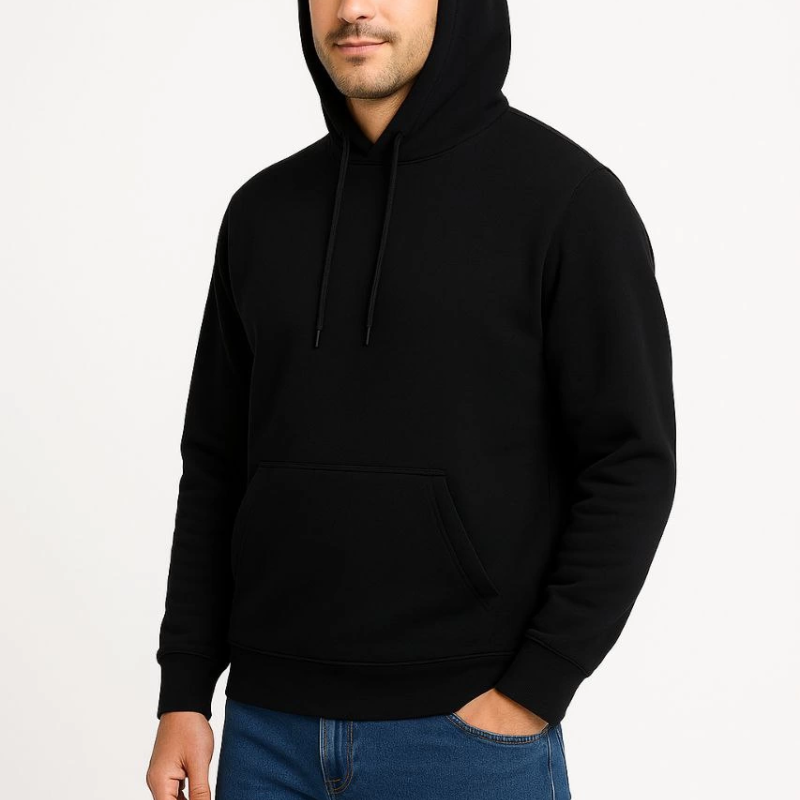 Üç İplik Kapüşonlu Kanguru Cepli SweatShirt hoodie - Siyah -