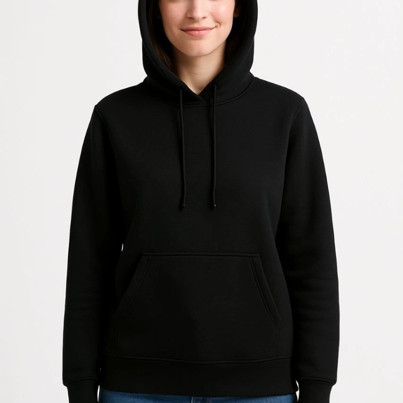 Üç İplik Kapüşonlu Kanguru Cepli Sweatshirt hoodie - Siyah -