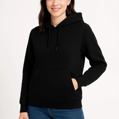 Üç İplik Kapüşonlu Kanguru Cepli Sweatshirt hoodie - Siyah -