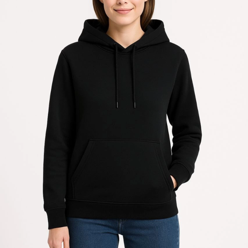 Üç İplik Kapüşonlu Kanguru Cepli Sweatshirt hoodie - Siyah -