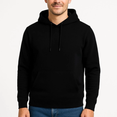 Üç İplik Kapüşonlu Kanguru Cepli SweatShirt hoodie - Siyah -