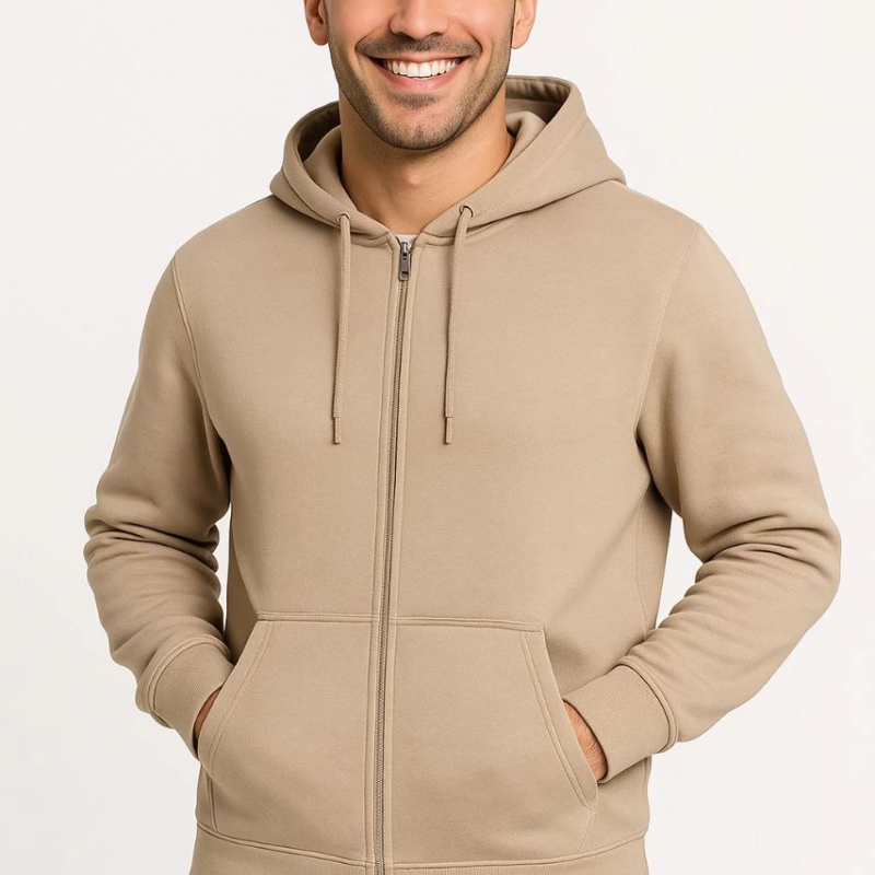 Üç İplik Kapüşonlu Tam Fermuarlı Kanguru Çepli SweatShirt Hoodie - Bej -