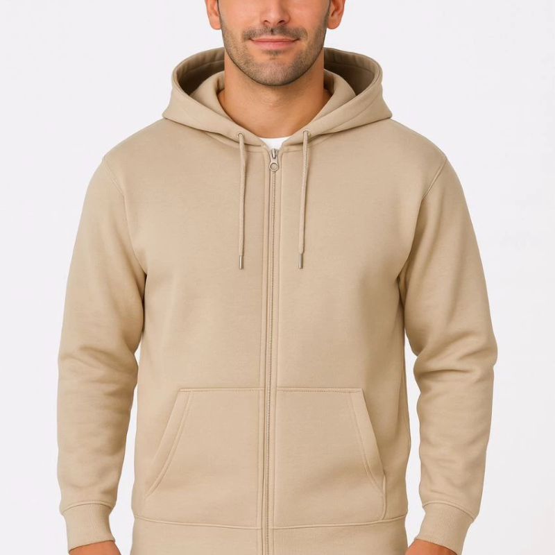 Üç İplik Kapüşonlu Tam Fermuarlı Kanguru Çepli SweatShirt Hoodie - Bej -