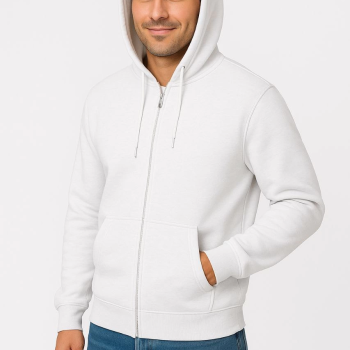 Üç İplik Kapüşonlu Tam Fermuarlı Kanguru Cepli SweatShirt Hoodie - Beyaz -