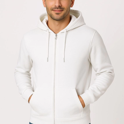 Üç İplik Kapüşonlu Tam Fermuarlı Kanguru Cepli SweatShirt Hoodie - Beyaz -