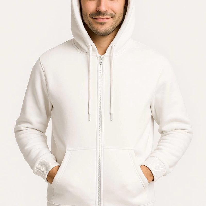 Üç İplik Kapüşonlu Tam Fermuarlı Kanguru Cepli SweatShirt Hoodie - Beyaz -