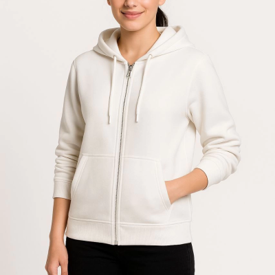 Üç İplik Kapüşonlu Tam Fermuarlı Kanguru Çepli SweatShirt Hoodie - Beyaz -