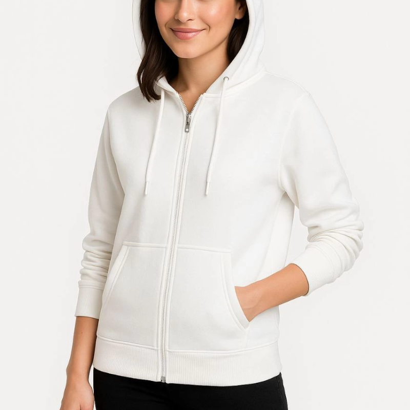 Üç İplik Kapüşonlu Tam Fermuarlı Kanguru Çepli SweatShirt Hoodie - Beyaz -