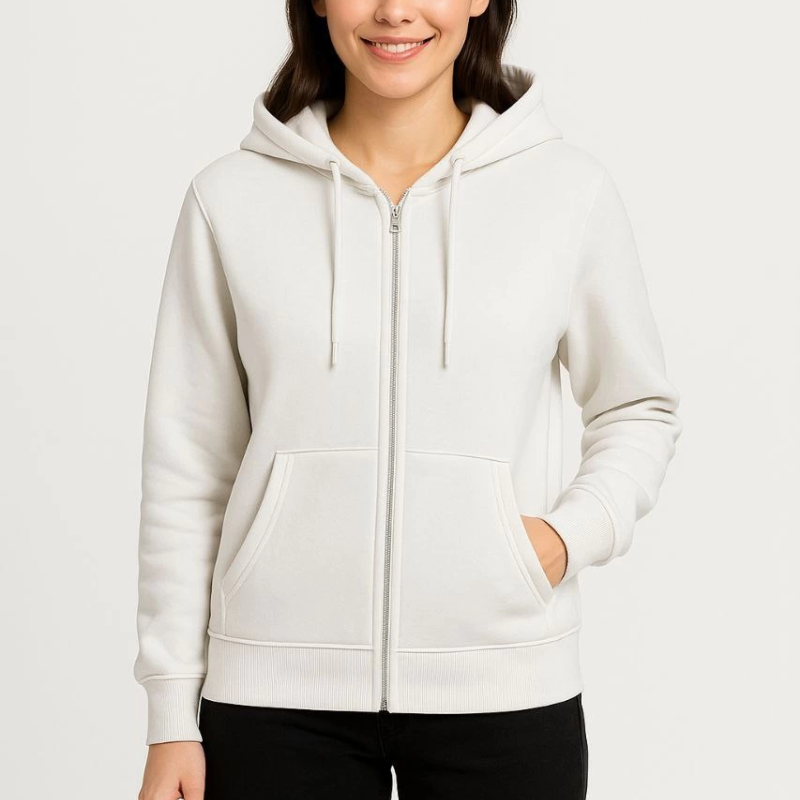 Üç İplik Kapüşonlu Tam Fermuarlı Kanguru Çepli SweatShirt Hoodie - Beyaz -