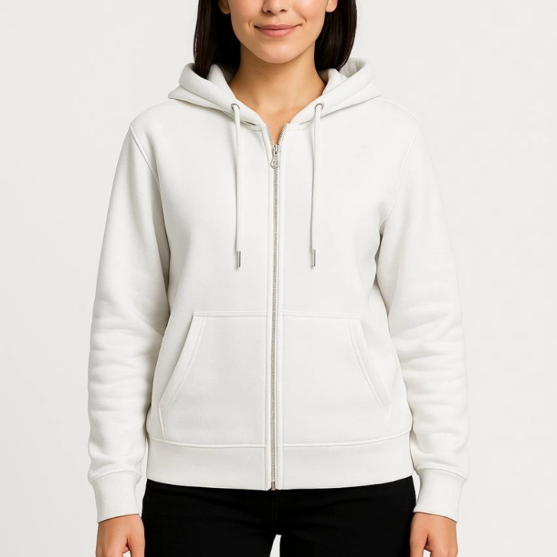 Üç İplik Kapüşonlu Tam Fermuarlı Kanguru Çepli SweatShirt Hoodie - Beyaz -