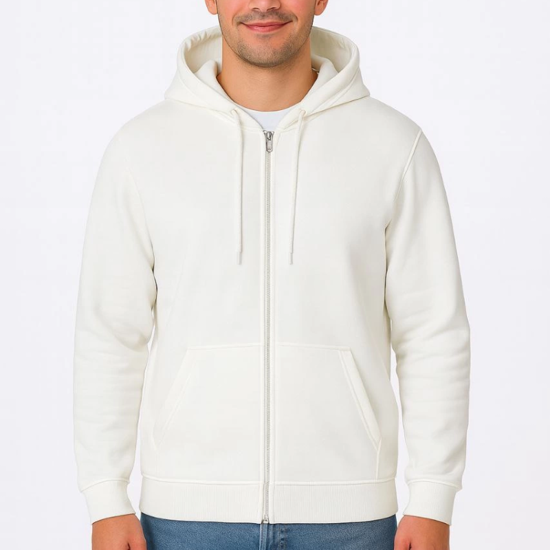 Üç İplik Kapüşonlu Tam Fermuarlı Kanguru Cepli SweatShirt Hoodie - Beyaz -