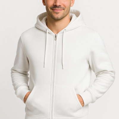 Üç İplik Kapüşonlu Tam Fermuarlı Kanguru Cepli SweatShirt Hoodie - Beyaz -