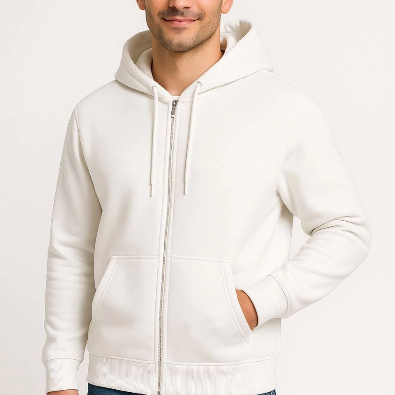 Üç İplik Kapüşonlu Tam Fermuarlı Kanguru Cepli SweatShirt Hoodie - Beyaz -