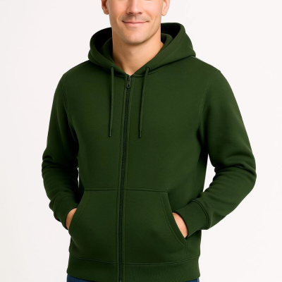 Üç İplik Kapüşonlu Tam Fermuarlı Kanguru Cepli Sweatshirt Hoodie - Haki -