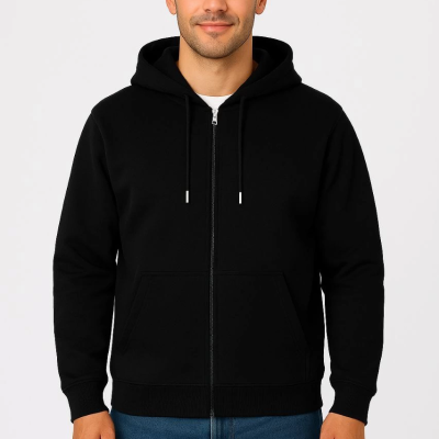 Üç İplik Kapüşonlu Tam Fermuarlı Kanguru Çepli SweatShirt Hoodie - Siyah -